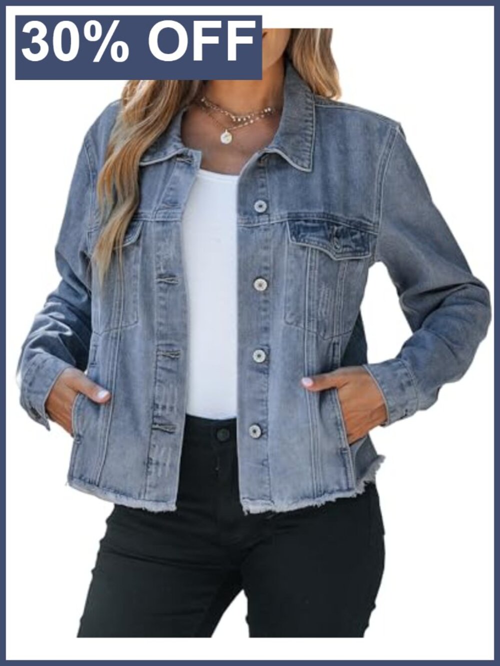 Womens Denim Jacket Button Down Distressed Frayed Hem Trucker